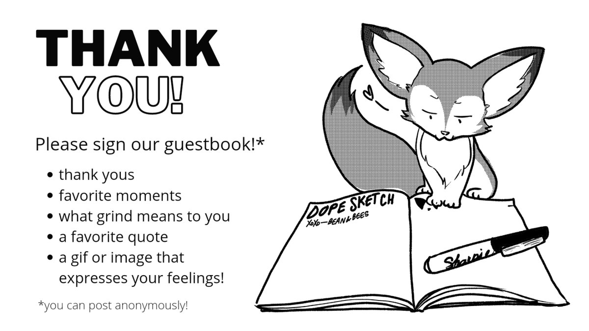 Sk8Grind's tweet photo. That's right, we have a guestbook this year! Everyone works hard to make grind successful and a F-U-N time, so why not drop us or someone else a message of thanks, or just tell us your favorite thing about taking part in @Sk8Grind! (anon OK!)💗✨🫶

https://t.co/ofd0gG362r https://t.co/fKzNWancyt