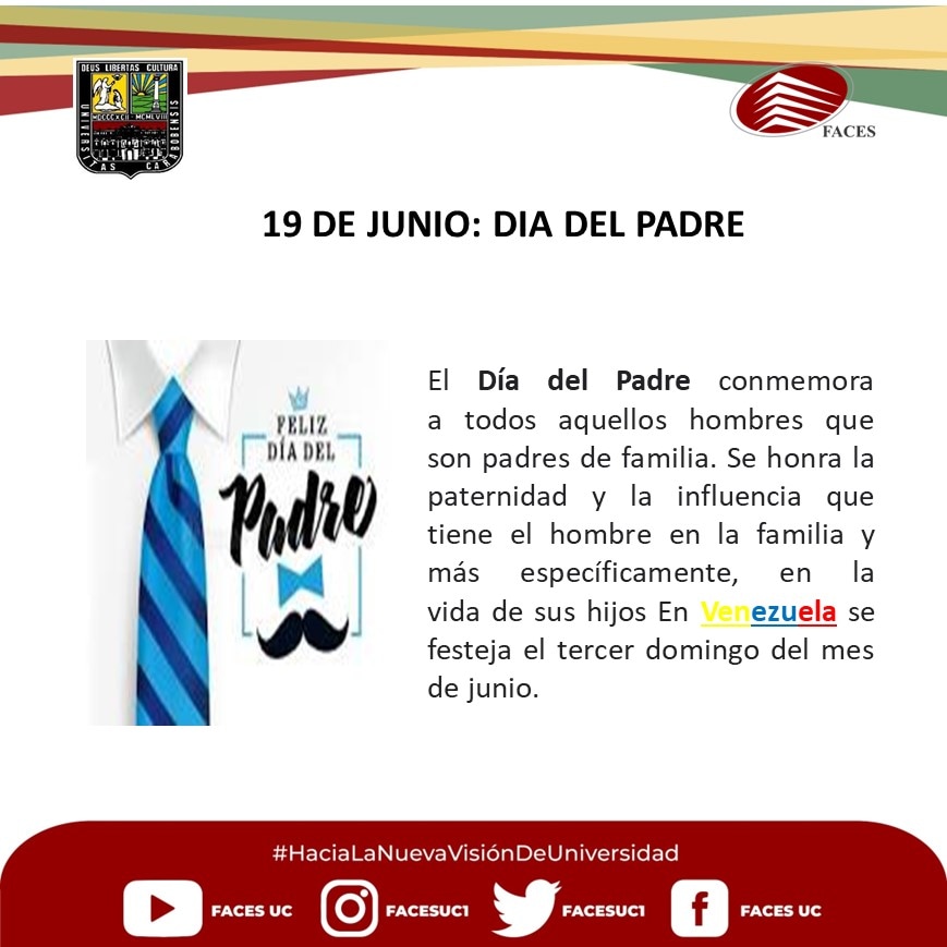 ¡FELIZ DÍA DEL PADRE!

En Venezuela se celebra el Día del Padre el tercer domingo de junio. Desde #FACESUC hoy los felicitamos  porque son faros que iluminan el camino a cada hijo(a)

¡Que Dios los bendiga!

¡Feliz día del Padre!

Dr. Benito Hamidian
Decano