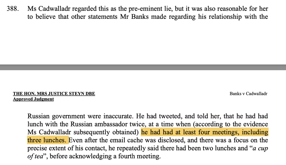 carolecadwalla's tweet photo. In her judgment, Mrs Justice Steyn says:

* Arron Banks had "at least four meetings" with Russian officials

* It would be "wrong to expect a journalist from identifying such an inaccurate statement..as a lie"

* The 4 meetings were "probably not the full extent" of it
5/ https://t.co/FXXreE12hg