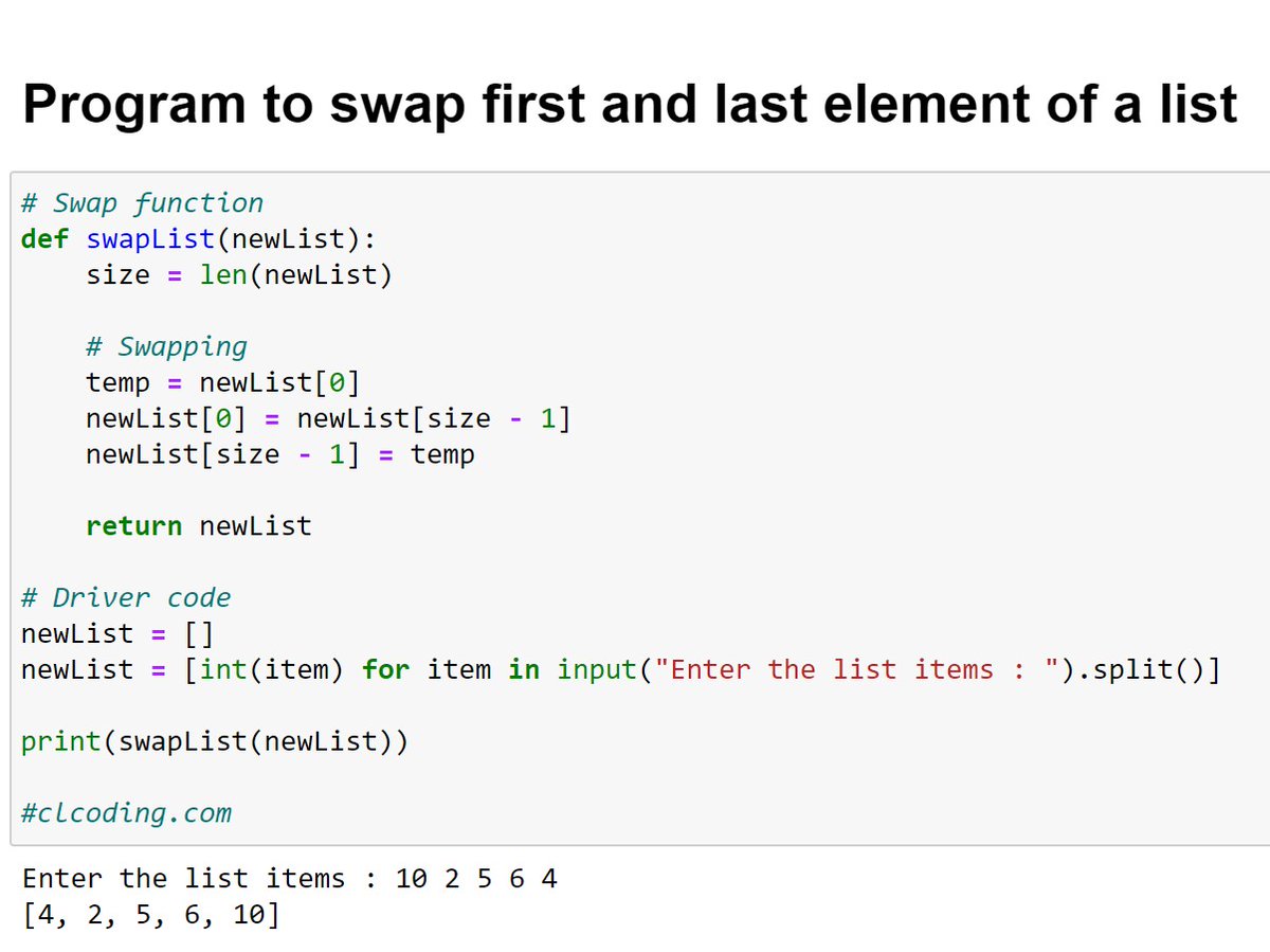 clcoding's tweet image. Day 70 : Program to swap first and last element of a list youtu.be/AG2QYdc-J20
#python #pythonprogram #pythonprogramming #pythoncode #100daysofcode #machinelearning #deeplearning #aritficialintelligence #pythontricks #pythonprojects #pythondeveloper #DataScience