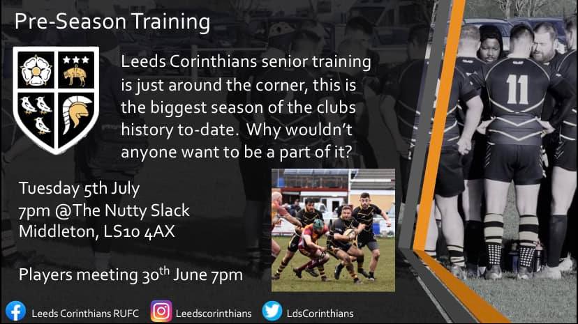 Adults pre-season starts Thursday 30th June at 7pm with players meeting at the club. Don't miss our biggest year yet. Come and be a part of the #CorinthiansFamily 💛🖤