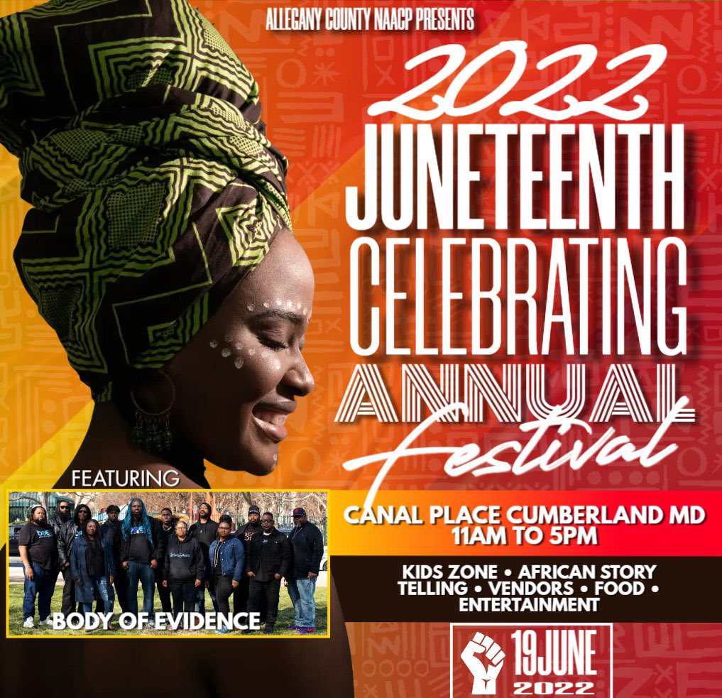 Join us for #Juneteenth Gospel Festival today @ Canal Place (Cumberland MD) from 11-5pm 

@naacp @NAACPMD @AlcoNaacp @FredChavis90 @BurgNAACP @NAACP @NAACPMD #JuneteenthFestival  #juneteenth2022