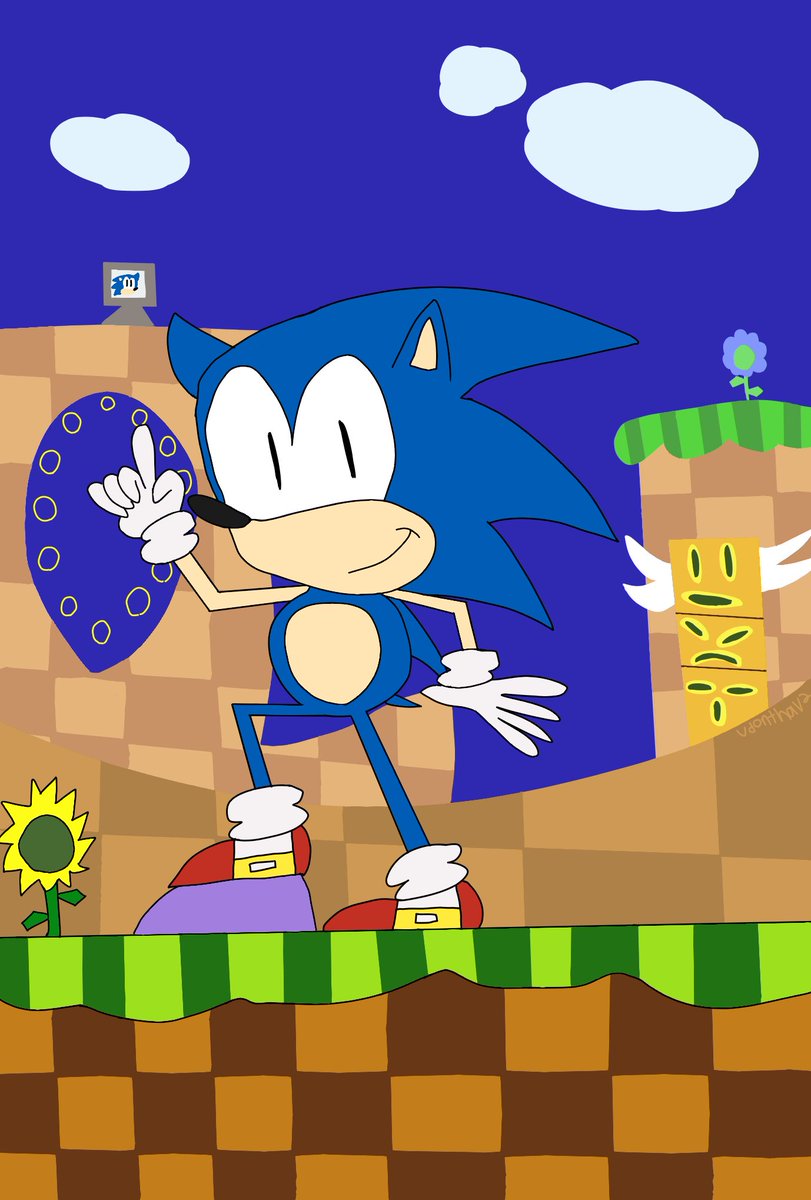 I've been pretty negative about Sonic lately (outside of the movie and maybe Prime), but I still like the funny blue hedgehog. So with Sonic Origins coming out, I drew him in Green Hill Zone. I used the Smash stage as inspiration. Hope you enjoy! #SonicTheHedgehog #Sega https://t.co/l2iDcYhQEK