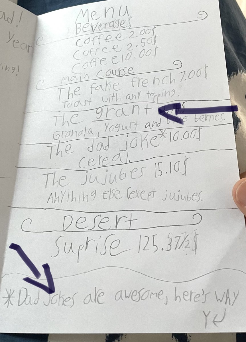 Father’s Day breakfast menu….When your kids know what makes you happy. A grant, or sorry, ‘The grant’, and a day of dad jokes! Best day! 😂