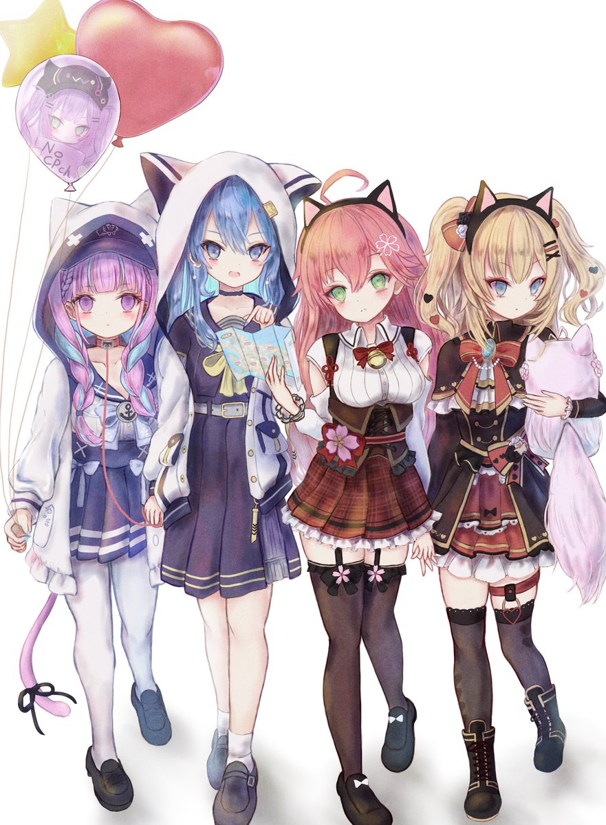 hoshimachi suisei ,minato aqua ,sakura miko multiple girls balloon 4girls hood pink hair blue hair cat hood  illustration images