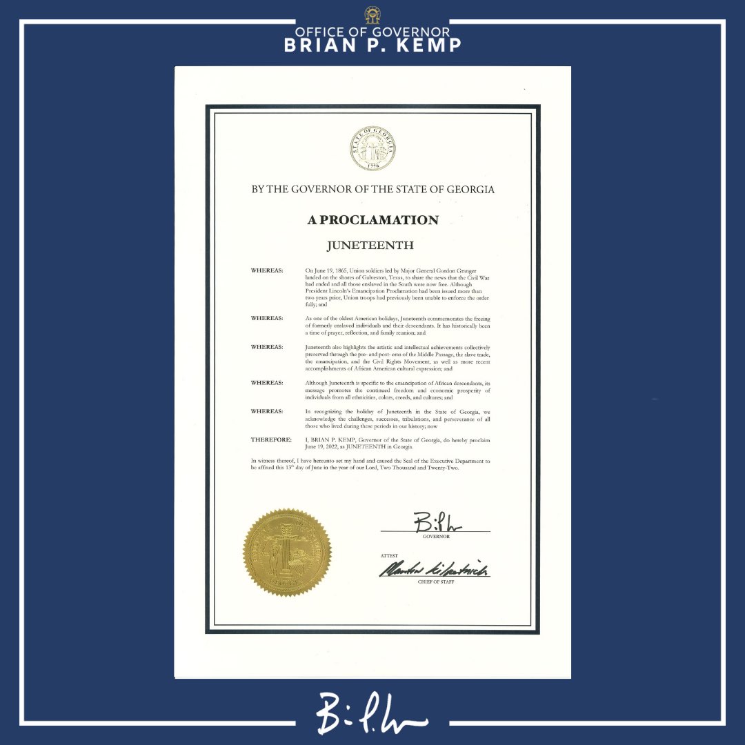 GovKemp's tweet photo. Today, we celebrate the official end of slavery in the United States while recognizing the accomplishments of Black Americans in the many years since. Let us move forward, united, in our pursuit of liberty and justice for all. https://t.co/ZV6I487ilB