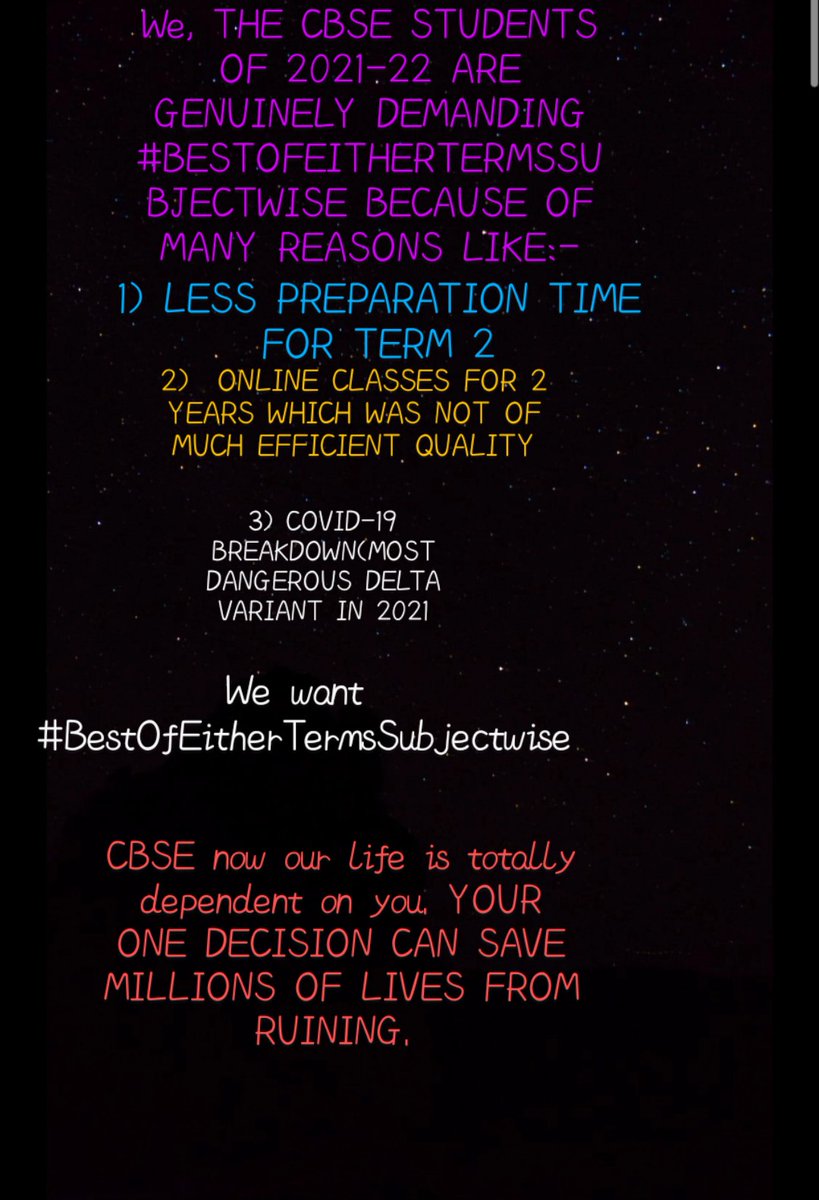 SauravTirkey11's tweet photo. #CBSEgiveBestOfEitherTerms
@cbseindia29 future of millions of students is in your hand now. You can save or ruin the life of many students of 2021-22 https://t.co/Z69ah0RKSa#CBSEgiveBestOfEitherTerms https://t.co/pJHSujyhWX