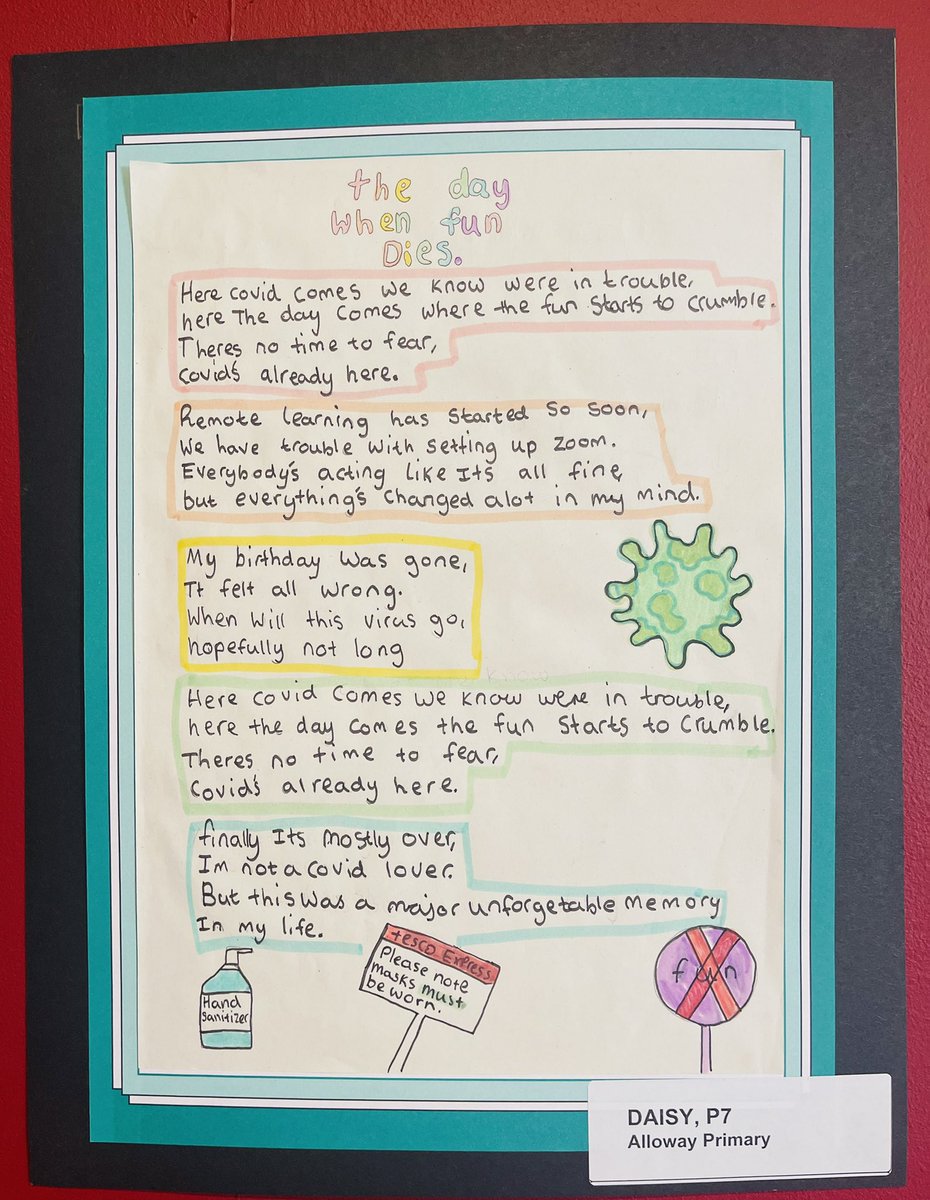 OurPandemicSAC's tweet photo. P7 Daisy from @AllowayPrimary reflects on the early days of lockdown with her poem “The Day when Fun Dies” 🥺

#ourpandemic #poetry #youngwriters https://t.co/1clBvUfICR