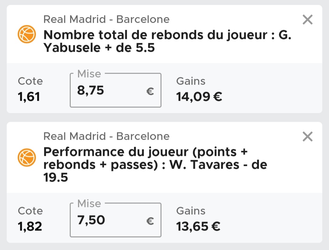 MultiPronos__'s tweet photo. 2 autres pronos Basket pour aujourd'hui🔥
#ACBFinal 🇪🇦
🔶️Yabusele : + de 5,5 Rebonds
CT : 1,61 (Betclic)
💵Mise : 1,75%
🔶️Tavares : - de 19,5 PRP
CT : 1,82 (Betclic)
💵Mise : 1,5%
❤️/♻️ pour le soutien
#TeamParieur https://t.co/erHMkLRkZp
