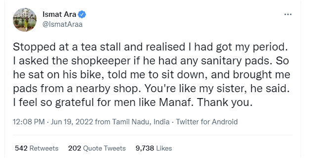 Lotus2021's tweet photo. Why would you ask for sanitary pads at a tea stall? 

Especially, when there was a shop nearby selling pads. https://t.co/YDbWLYpSNz