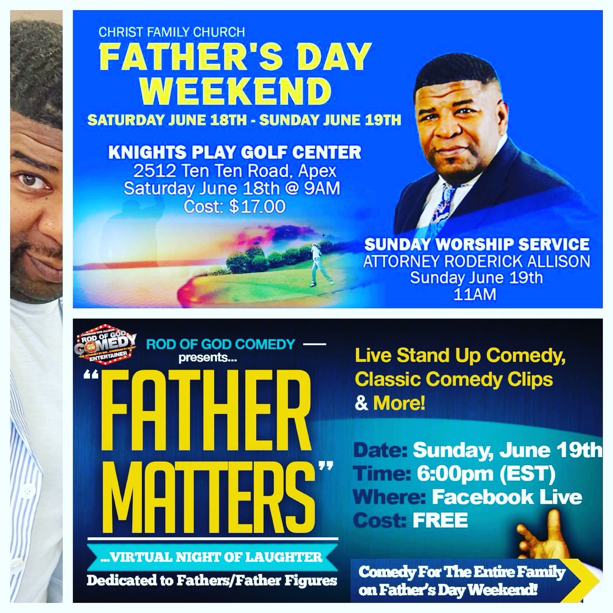 RodofGodComedy's tweet image. Happy Father’s Day to ALL Fathers/Father Figures!
Join me at 11am as I’ll be the Speaker at my Church @CFamC (In-Person &amp;amp; Virtual)!
Then join me again @ 6pm for my “FATHER MATTERS” Virtual Night of Laughter on FB LIVE: facebook.com/comedian.allis…
#ChristFamilyChurch #FATHERMATTERS