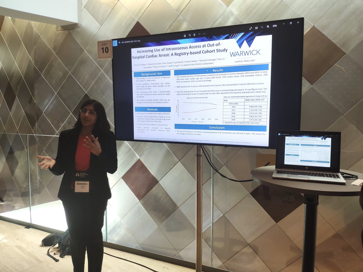 SharvariVadeyar's tweet photo. #RESUS22 Our poster presentation on intraosseous access in UK OHCA, abstract available here: https://t.co/Krfop9pWmu. What an incredible event! Thank you to @EPPiC_Warwick @ERC_resus @erc_young @ResusJournal @KeithCouper @perkins_gd https://t.co/o4gNeArZ0v