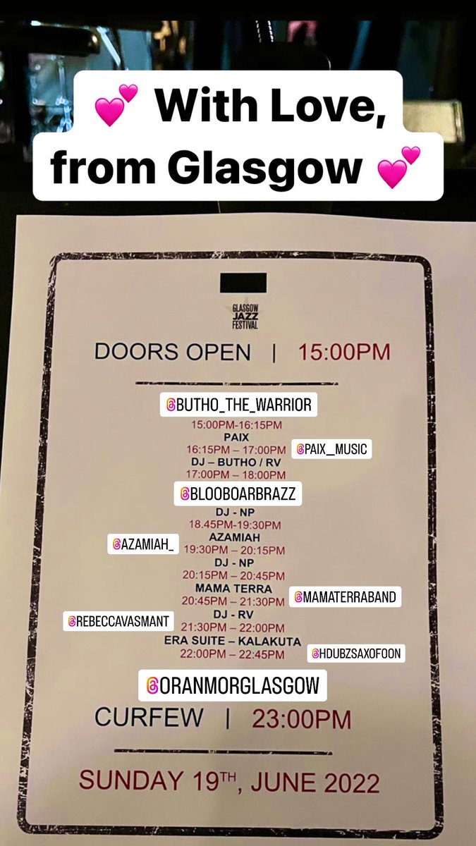 TODAY #WithLoveFromGlasgow All Dayer 💕 curated by @RebeccaVasmant Doors 3pm Paix 4:15pm Blue Boar Brass 6pm Azamiah 7:30pm Mama Terra 8:45pm Era Suite's Kalakuta Show 10pm Plus DJ sets from @ngqae & Nick Peacock Tickets available on the door (cash) & jazzfest.co.uk