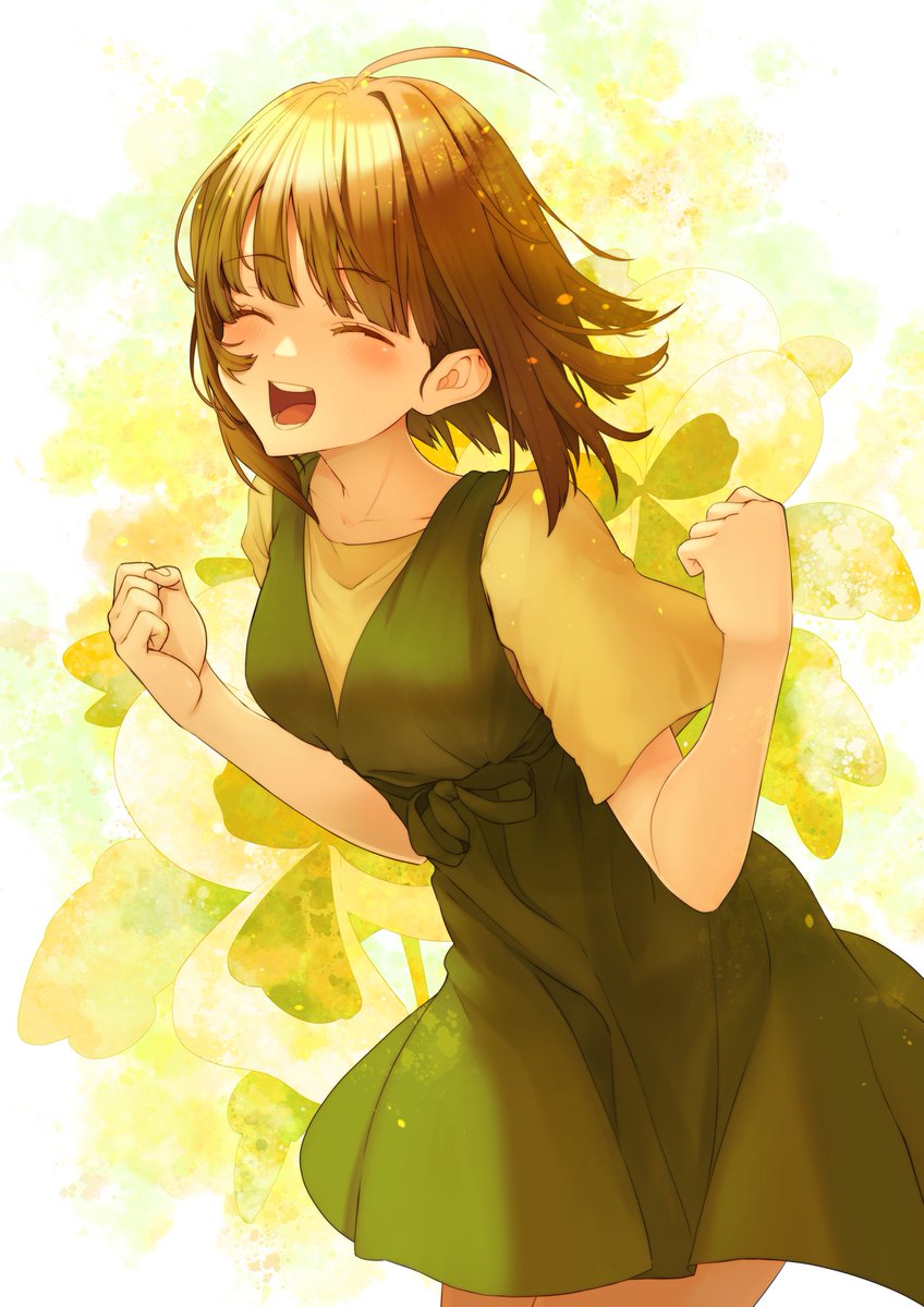 1girl solo closed eyes dress brown hair smile open mouth  illustration images