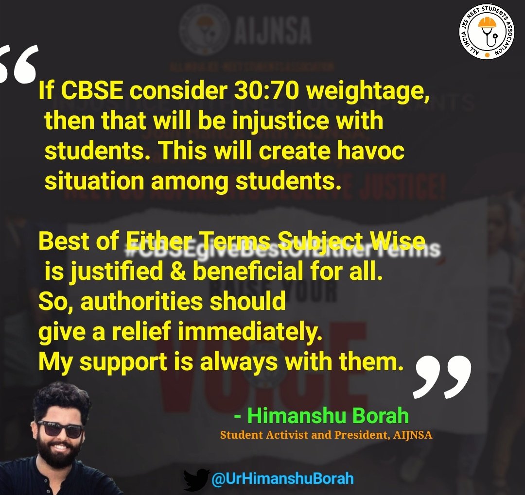 UrHimanshuBorah's tweet photo. CBSE should consider Best of Either Terms Subject Wise immediately.
It's the most logical &amp; beneficial method for all the students.

Other methods are injustice with students &amp; authorities should eliminate them. My support is always with students.
#CBSEgiveBestOfEitherTerms https://t.co/yUFnlZQ68K