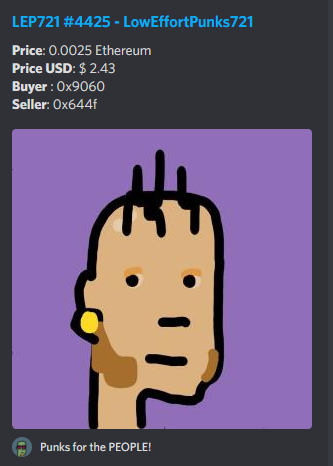 LEP_bot721's tweet photo. A beatiful @LEP721 sold for .0025
Punks for the PEOPLE!
Thank you for your support 
beep boop
0% royalties
Enjoy collecting!
#LEP721 #NFTCommunity #art https://t.co/KaL9WE9hIv