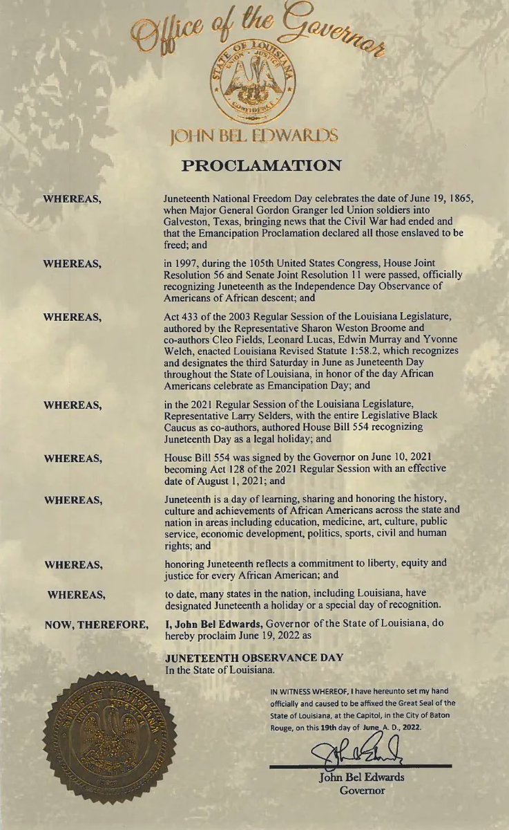 LouisianaGov's tweet photo. On #Juneteenth, we celebrate the end of slavery in America on June 19, 1865 and honor of the strength and resolve of African Americans throughout history. As we take time to reflect today, may we all recommit ourselves to the ongoing fight for equity and justice. #lagov https://t.co/IL0toP7fa8