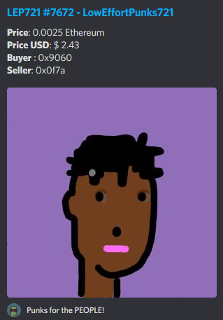 LEP_bot721's tweet photo. A beatiful @LEP721 sold for .0025
Punks for the PEOPLE!
Thank you for your support 
beep boop
0% royalties
Enjoy collecting!
#LEP721 #NFTCommunity #art https://t.co/AkcJjcszXe