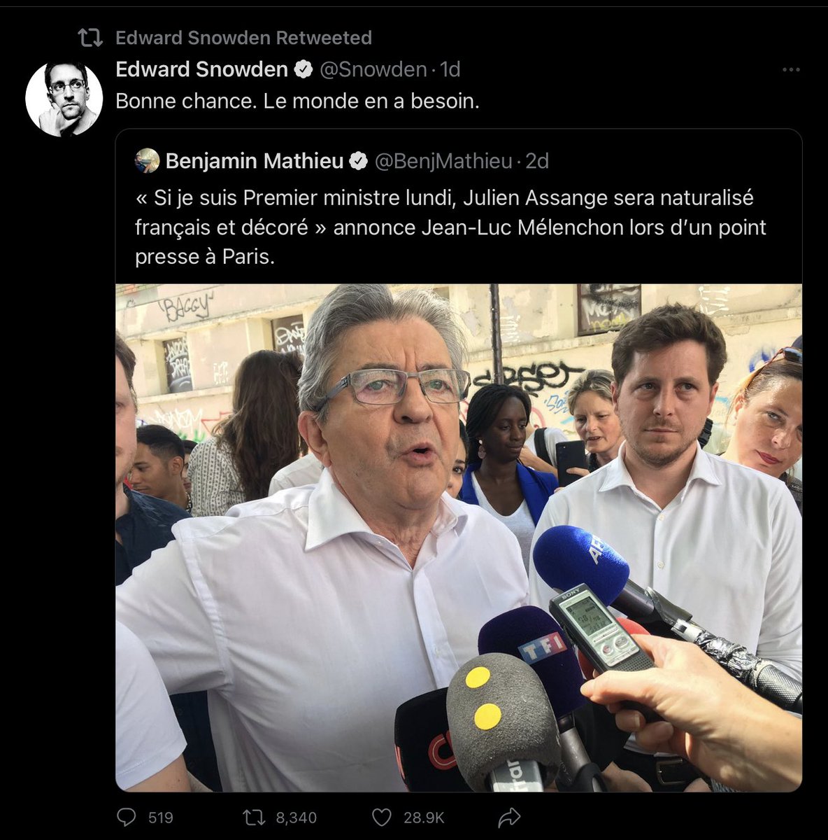 ixonae's tweet photo. Brought to you by Russia…
(Snowden encouraging people to vote - in the French parliamentary elections - for the NUPES party, who’s head is pro Putin) https://t.co/coQypZXvhy