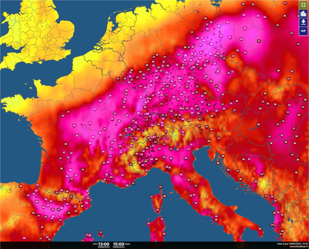 Chaleur encore persistante sur le nord-est et le sud du pays avec 35/38°C à 15h.
Jusqu'à 38°C à #Grenoble (Saint-Martin-d'Hères) et 36.5°C à #Chambéry Aix-les-Bains qui bat le record mensuel de juin 2003 (36.1°C).
Chaleur exceptionnelle sur le sud #Allemagne, nbx records prévus. 