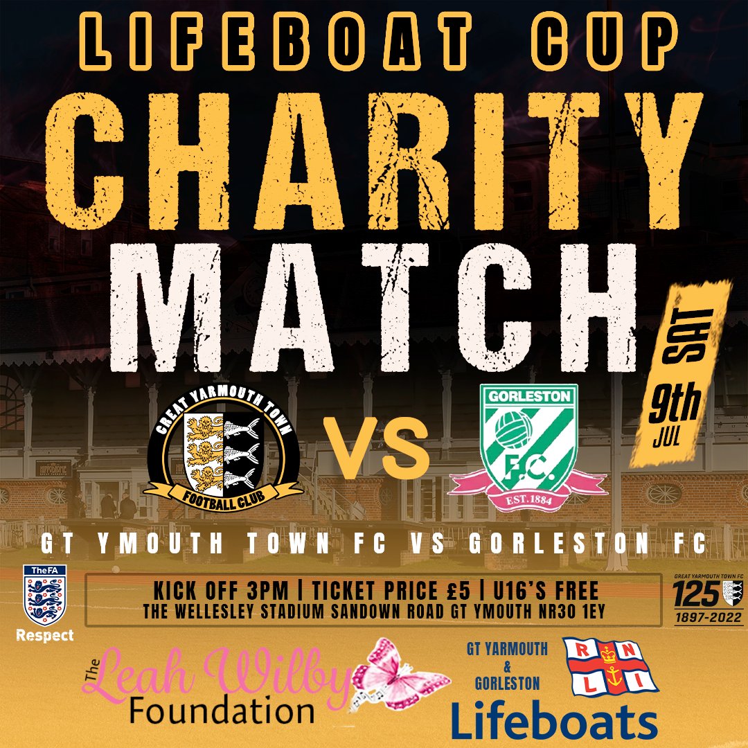 We are pleased to announce our charity match against <a href="/gorlestonfc/">Gorleston Football Club</a> on 9/7/22 at The Wellesley. Proceeds will be going to 2 fantastic local charities <a href="/Leahs_Lounge/">LeahWilbyFoundation</a> &amp; <a href="/GorlestonRNLI/">RNLIGreatYarmouth&Gorleston</a>. Help us to support these amazing charities. Please like and share this to spread the word.