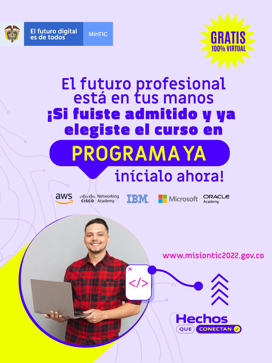 TalentoDigCol's tweet photo. 📮 Miles de 🇨🇴colombianos están adquiriendo nuevas habilidades digitales gracias a la formación gratuita de🖥️ #ProgramaYa, realizada a través de nuestros aliados: @MSFTColombia, @IBMLatAm, @Cisco, @AWSLatam y @OracleAcademy. Inicia tu curso ahora 📲 https://t.co/zabEIR0NBK https://t.co/591ffA8la5