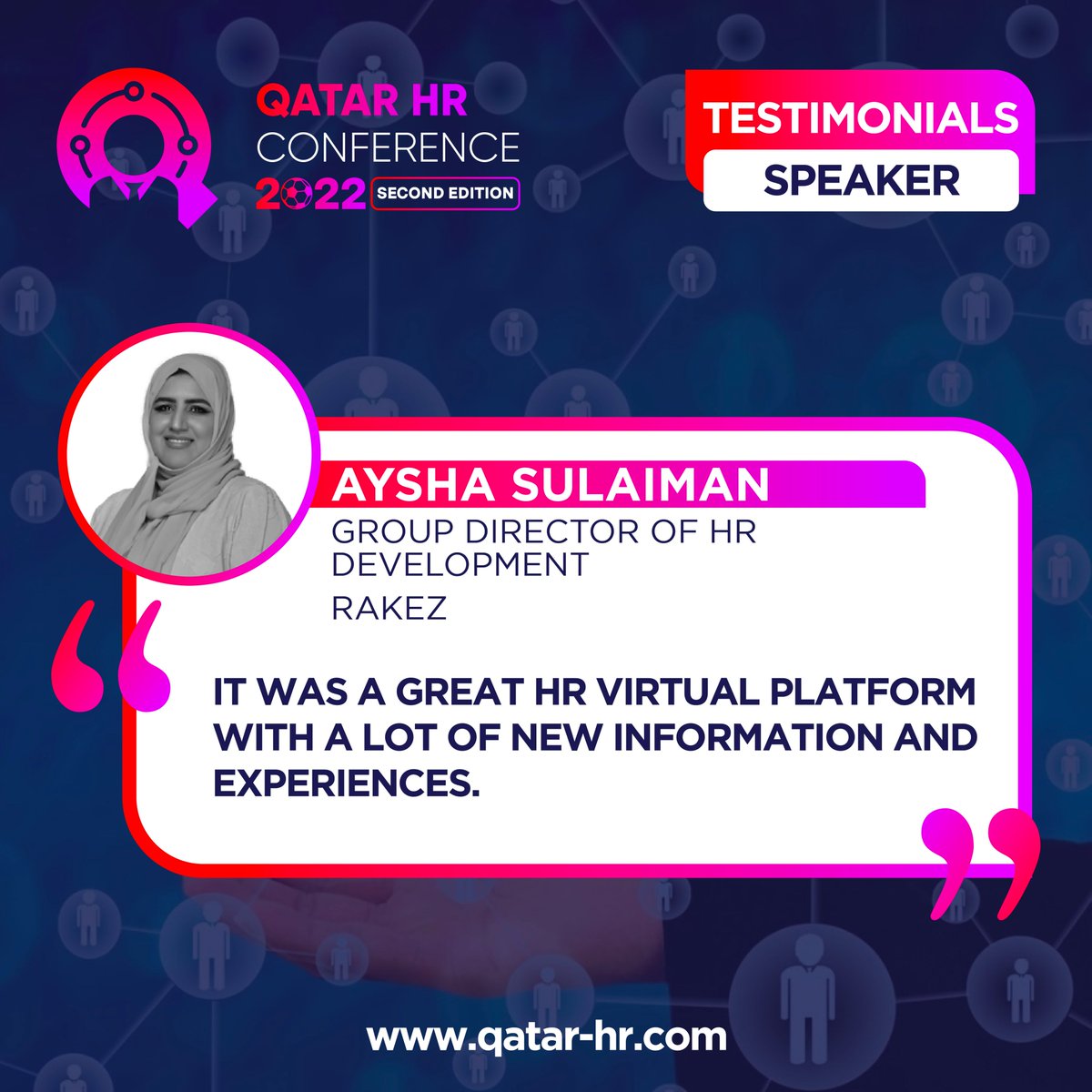 conference_hr's tweet photo. The words of:
- Aysha Sulaiman, from Ras Al Khaimah Economic Zone (RAKEZ)
- Helena Wheatman, from elev8 education (Silver Sponsor)
- Nader Bechini, from ROI Institute, Inc
- Amanda White, from Talogy Middle East &amp; Africa (Talent Management Partner)
#QHRC2022 #QHRC2023 #NeXTfairs https://t.co/9yGPwTBDZF