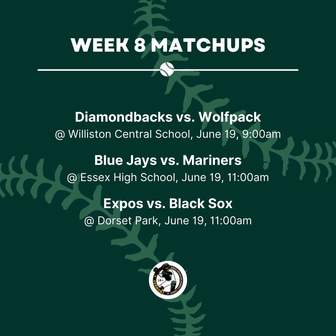 Today’s matchups! #Week8

#GMBL #GMBL2022 #VermontBaseball #VTBaseball #Baseball #PlayBall