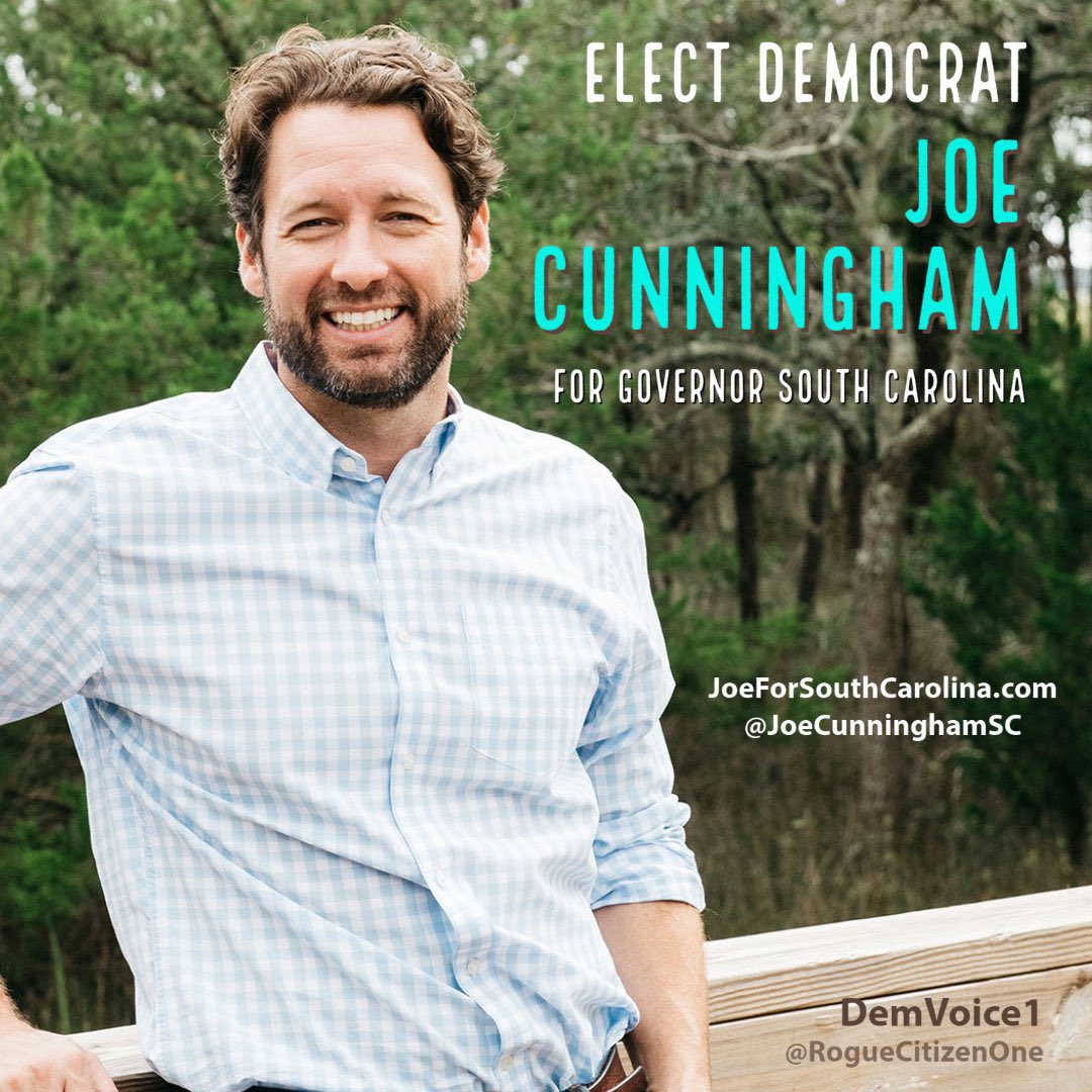 Joe Cunningham is SC’s exciting candidate for Governor

<a href="/JoeCunninghamSC/">Joe Cunningham</a> has plans for SC plus common sense solutions to correct problems 

Given the extremism of Republicans, a Democratic Governor is crucial 

Joe cares &amp; Joe will deliver

#DemVoice1 #wtpBLUE