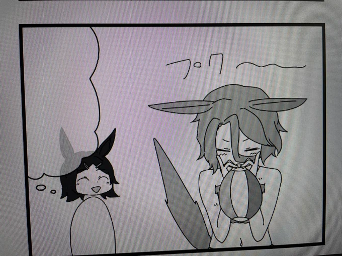 ビーチボールを膨らませてくれるタイシンとそれを眺めるチケットのイラストです 