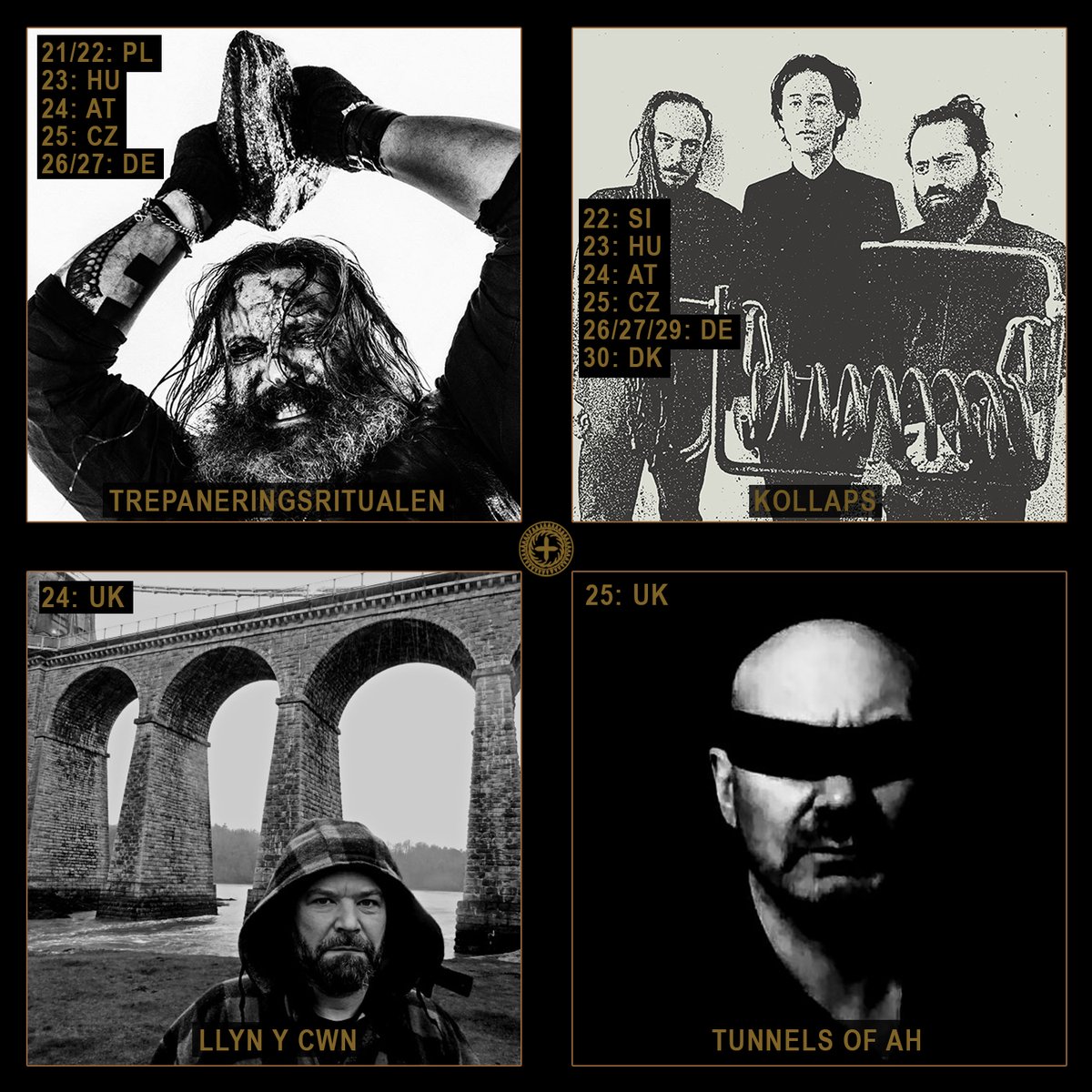 COLDSPRINGHQ's tweet photo. Cold Spring artists live: @T__R__P @Kollapsmusic #LlynYCwn #TunnelsOfAh all head out on the road over the next 2 weeks:
Go support... visit the merch stall if you can:
Info/tix https://t.co/MUlxr2zTra
#trepaneringsritualen #kollaps #industrialmusic #darkambient #rituals #gigs https://t.co/Ya4WH86lkC