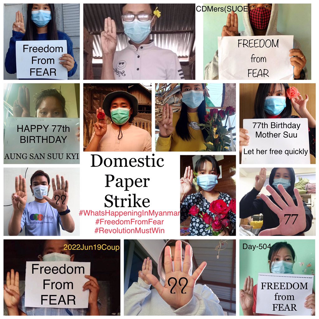 BoBo63429377's tweet photo. 13 CDMer teachers [MEd, Batch-20 &amp; BEd, Batch-11] from Sagaing University of Education staged an anti-coup revolutionary domestic strike to mark the 77th birthday of Myanmar's pro-democracy leader Daw Aung San Suu Kyi.  #2022Jun19Coup #FreedomFromFear https://t.co/uBA2vt7g7Q