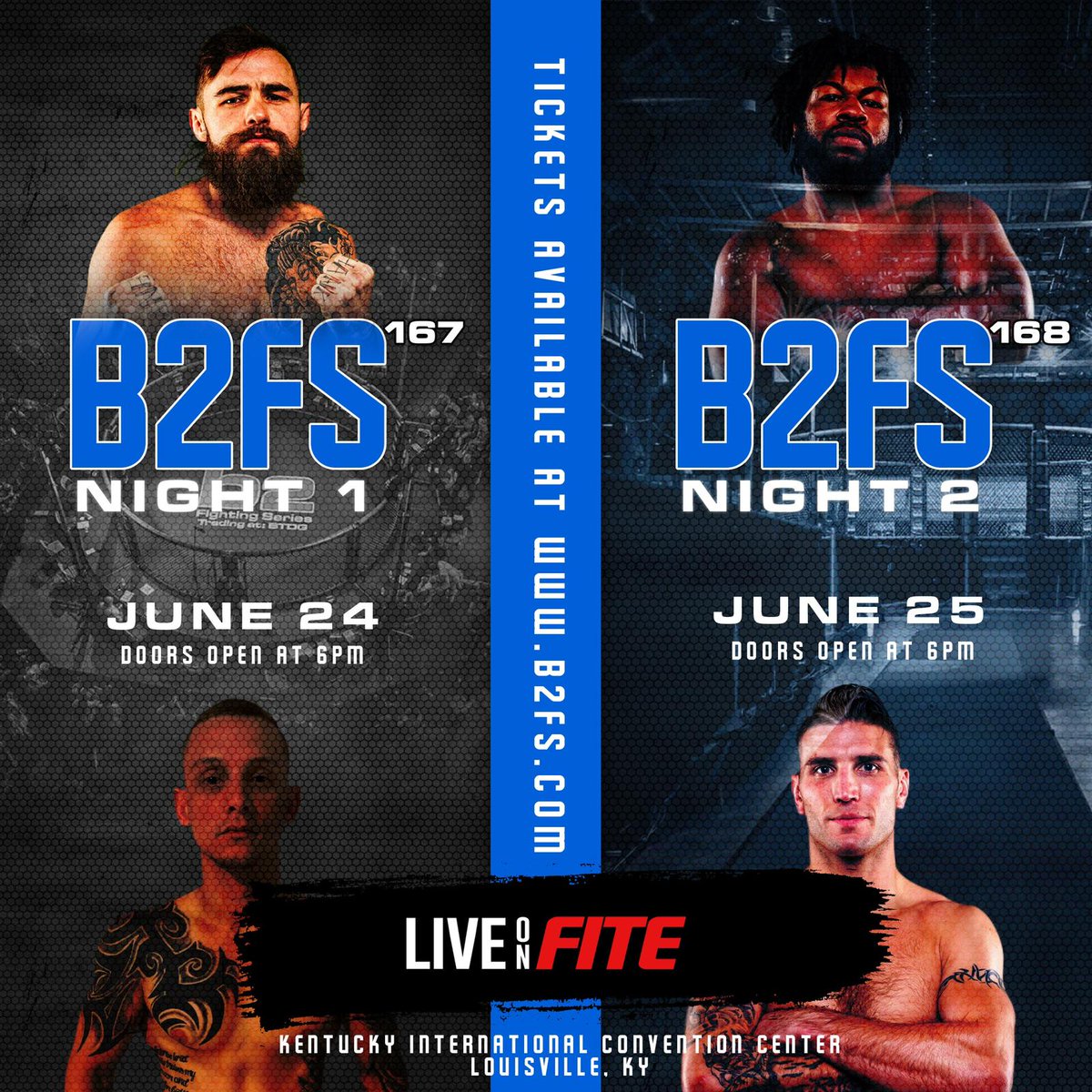 Triller_TV's tweet photo. The event was so large that it had to be split into 2β£ nights.
π@b2_fighting heads to Louisville, Kentucky for #B2FS167 and #B2FS168.
βοΈ #MMA veterans clash with fast-rising prospects.
Save with FITE's discount bundle.
π https://t.co/UPYRlZa3PY https://t.co/JF26JDNe7J