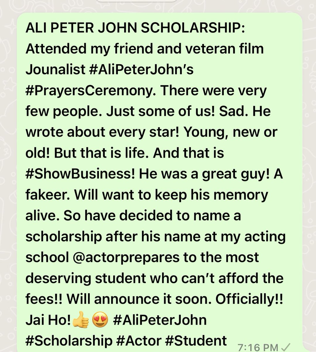 AnupamPKher's tweet photo. Announcing: #AliPeterJohnScholarship! In memory of my friend &amp; veteran film journalist Ali Peter John at my school @actorprepares! He was the first person to write a piece on me even before I made it. We were friends for 40years! He was kind, generous &amp;  shouldn’t be forgotten!🙏 https://t.co/d8JS3Ic4jH