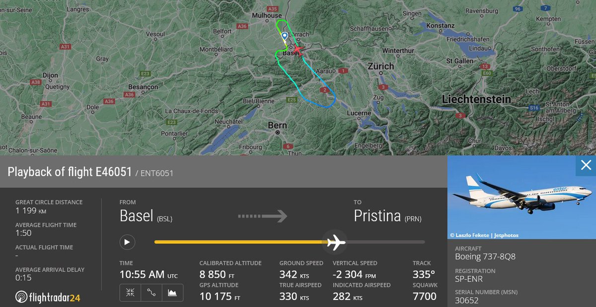 DivertedF's tweet photo. Enter Air flight E46051 from Basel (BSL) to Pristina (PRN) returned to Basel. 11 minutes before landing an emergency (squawk 7700) was declared. Reason not yet known. https://t.co/r2ILFVBHsN