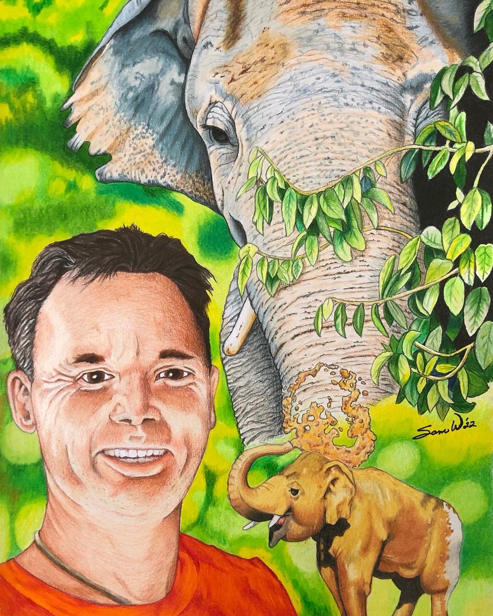 SamsPrintz's tweet photo. I was honoured to be asked to create this portrait of #DarrickThomson &amp; #Kaavan that was presented to Darrick last night for his 60th BD. TY to Darrick for all he has done for Kaavan &amp; all elephants, including #LucyTheElephant here at #EVZ #HappyBirthday #FreeCaptiveElephants https://t.co/9Xhc5chh84