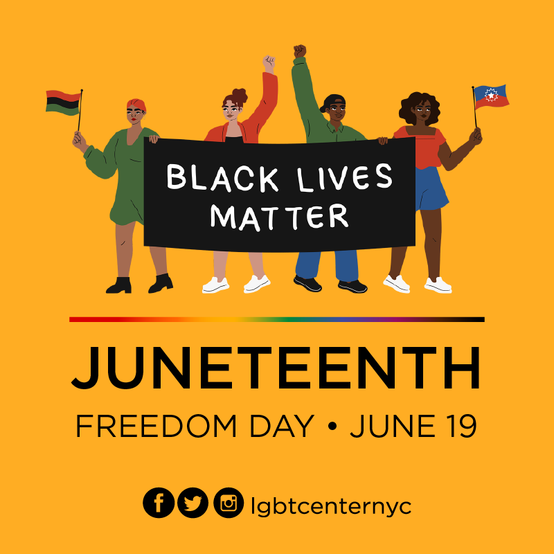 LGBTCenterNYC's tweet photo. Happy #Juneteenth!

DYK that #PrideMonth began as a protest by a Black, transgender woman combating police brutality?

Trans activists Marsha P. Johnson &amp; Sylvia Rivera began the work of civil rights for QTPOC in America. Pride Month would not exist if Juneteenth did not happen. https://t.co/EQ9ZZY4Dby