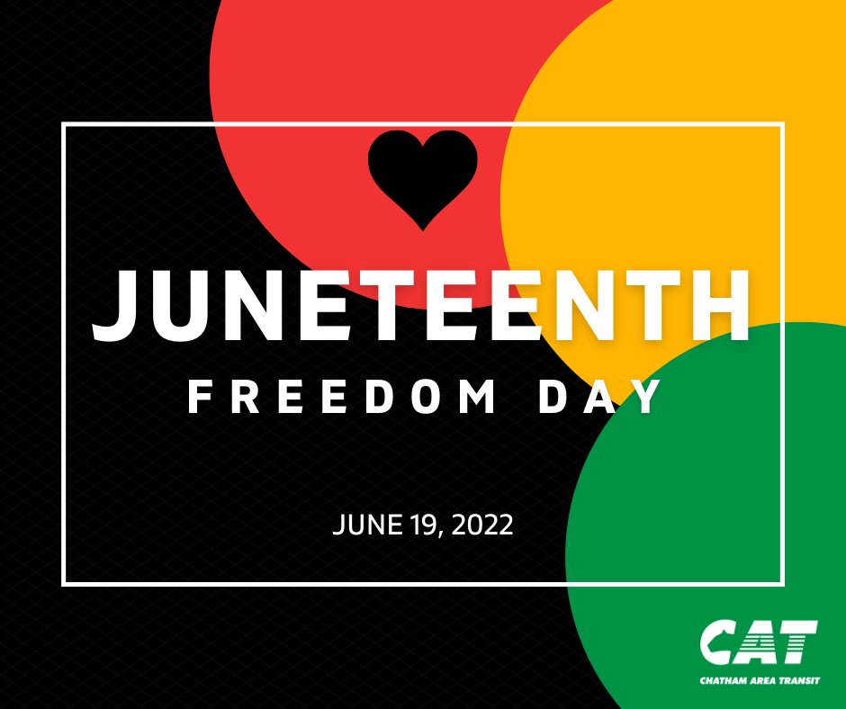 ChathamTransit's tweet photo. Chatham Area Transit is proud to commemorate Juneteenth: Freedom Day! 

CAT joins in on the nationwide fight for racial equality in the workplace and throughout the community. 

#juneteenth #CATcares #community #equality #together #fight #catchaCAT https://t.co/2v1RmWtokj