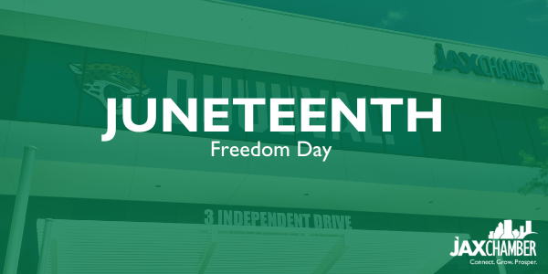 JAXChamber's tweet photo. Today, we celebrate emancipation. We honor the courage and strength of the Black community and encourage everyone to support Black Businesses that help our economy thrive. https://t.co/PNOCoQ6AbS