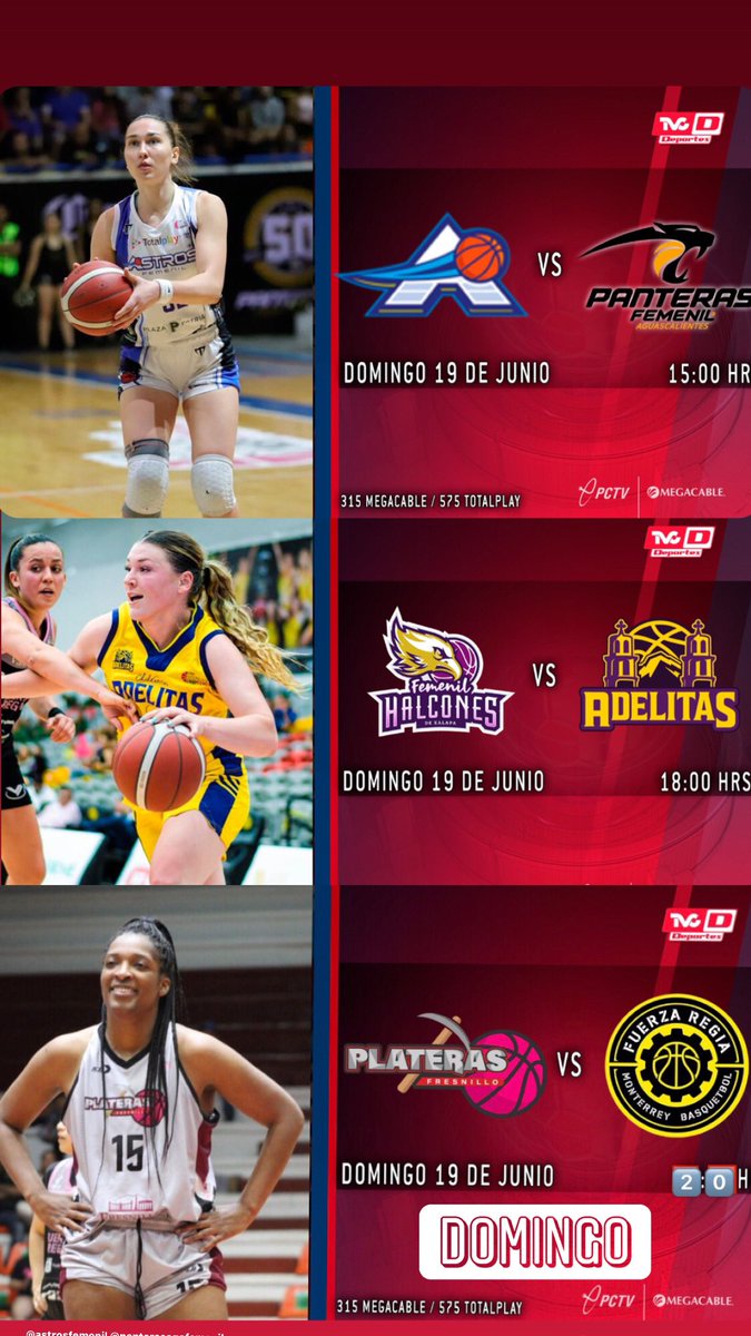 TVCDeportes's tweet photo. 🏀 TRIPLE CARTELERA ESPECIAL
Domingo ráfaga en #TVCD y la @LNBPFEMENIL
Canales:
📺@Megacable 315
📺@totalplaymx 575
15:00
@AstrosFemenil vs @PanterasdeAgua1
18:00
@HalconesdXalapa vs #Adelitas
20:00
@PlaterosFres vs @FuerzaRegiaFem
#lnbpfemenil #femenil #Baloncesto https://t.co/EkiDSind2h