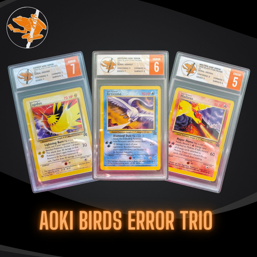 treefroggrading's tweet photo. Rare bird trio, with the incorrectly named 'AOKI' error. these were later rectified to show the correct illustrator, Naoyo Kimura. #tfg #treefroggrading #pokemoncards #pokemon https://t.co/OLLy8ksdCV