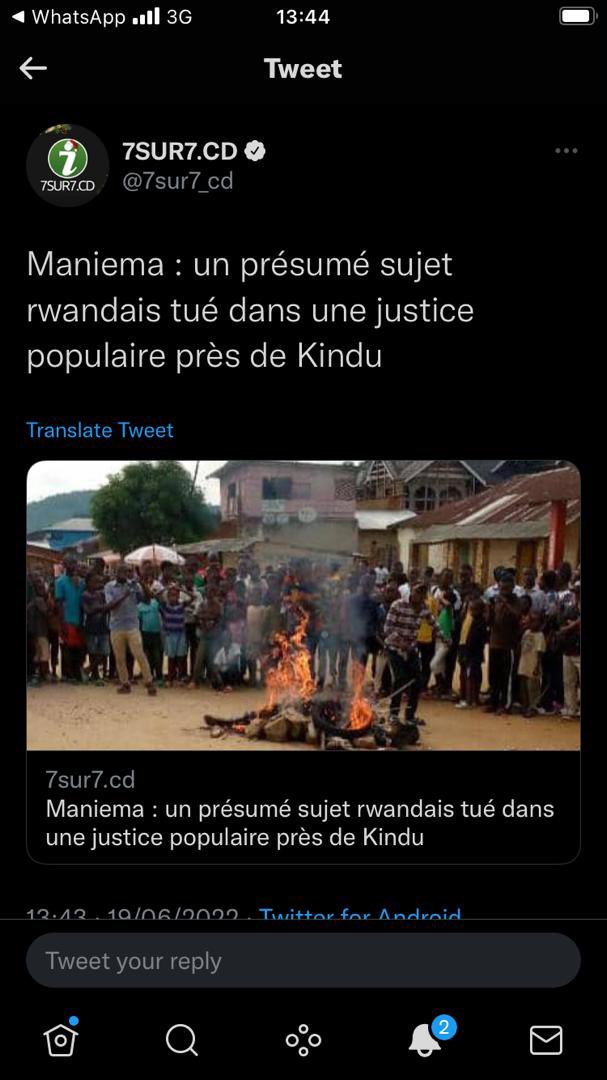 fidele_sebahizi's tweet photo. Le système judiciaire congolais permet-il aux citoyens d'appliquer la peine capitale? Le journal @7sur7_cd plaide pr la peine capitale pr un homme d'affaires #banyamulenge #Ntayoberwa sauvagement tué ds les rues du Maniema. @fatshi13 @AssembleeN_RDC @Presidence_RDC @unjhro @hrw https://t.co/0RHWufr6sv