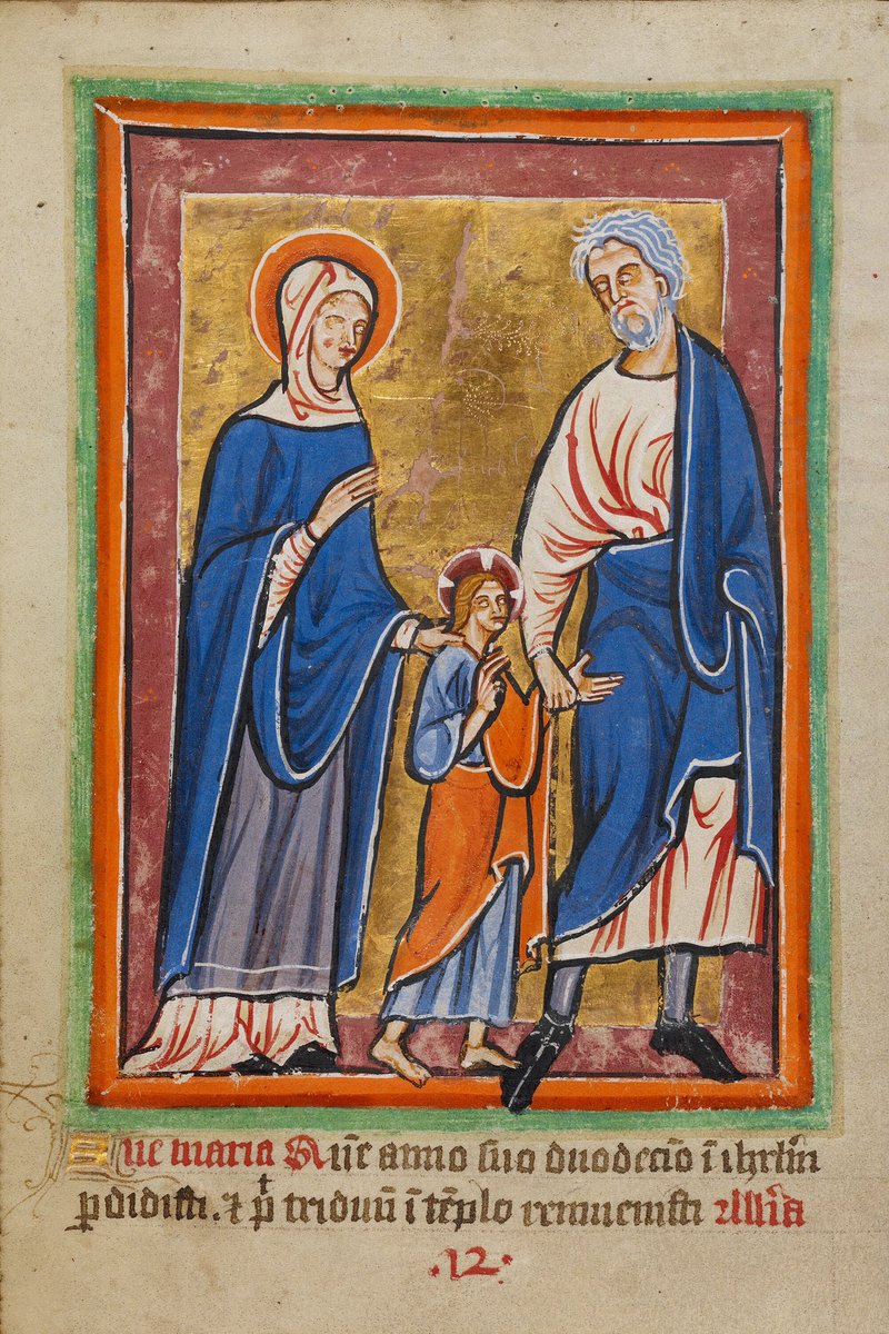 Happy Father's Day to all who are celebrating! Here, 12-year-old Jesus is guided by his mother and earthly father Joseph to Jerusalem to celebrate Passover. This was painted in about 1190–1200, with Latin text added in the 1400s to help identify the scene. #FathersDay