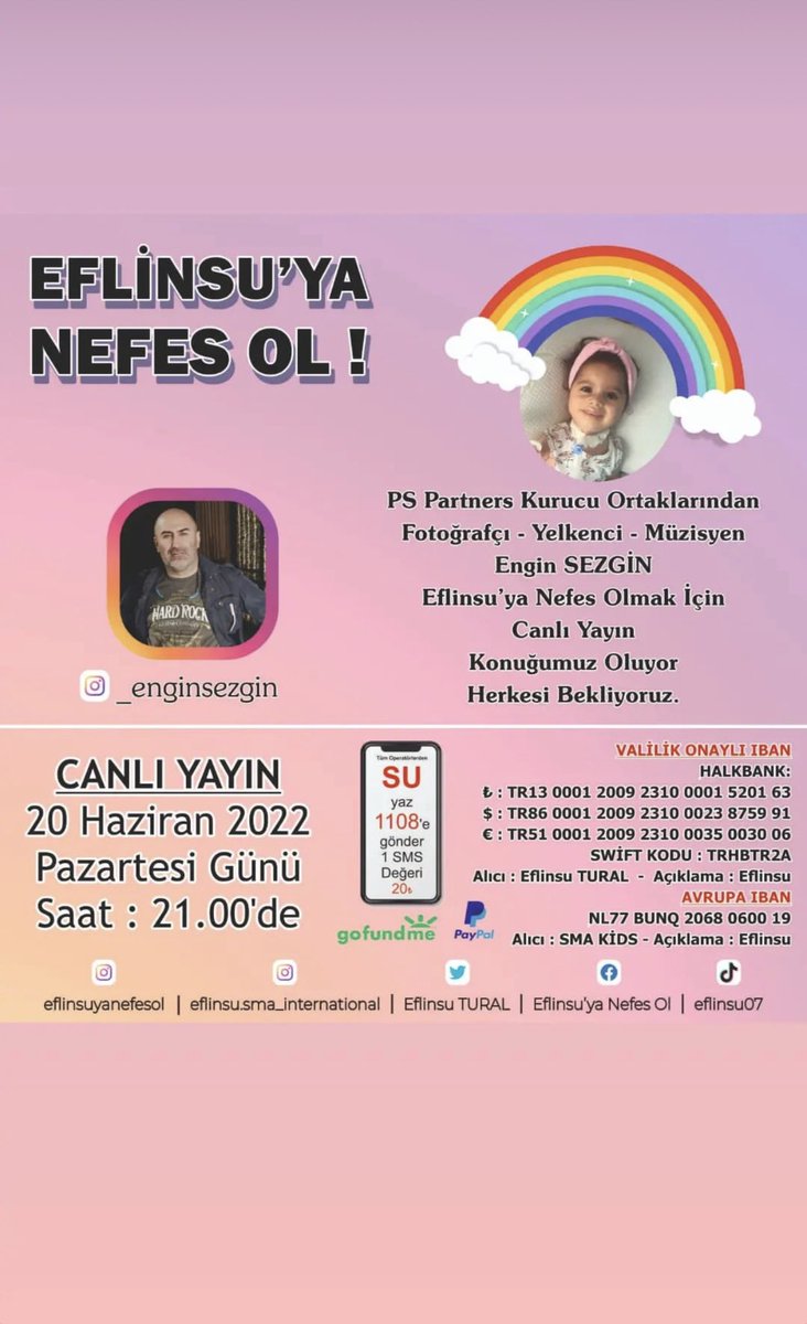SMA Tip 1 hastası sevgili Eflinsu kardeşimiz için yarın akşam canlı yayındayım. Lütfen bu paylaşımı eşinizle dostunuzla paylaşın ki yardımda bulunabilsinler. Hadi arkadaşlar. 🙏🙏🙏