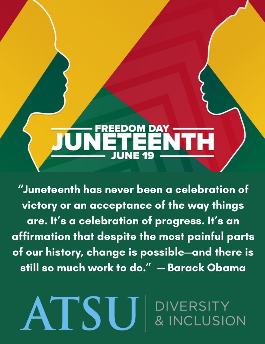 ATSUDiversity's tweet photo. Today, we celebrate Juneteenth, the end of slavery in this country. #Juneteenth also honors the individuals in our history that fought for the abolishment of slavery. Today, we remember that fight and acknowledge the fight for equality that still continues today.
#ATSUDI https://t.co/gbsJlp8Fwo