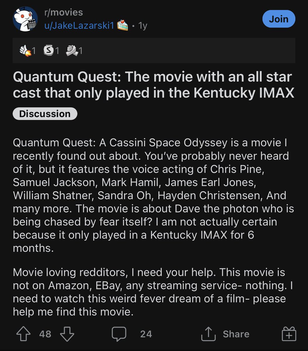 blameitonjorge's tweet photo. Quantum Quest: A Cassini Space Odyssey

Lost from 2011-2022

This little-known science fiction film had an all-star voice cast, yet only aired at the Kentucky Museum of Science in 2011. @FindingQQ has a great podcast about their search for the film. (4/6) https://t.co/V4e6fDdSCP