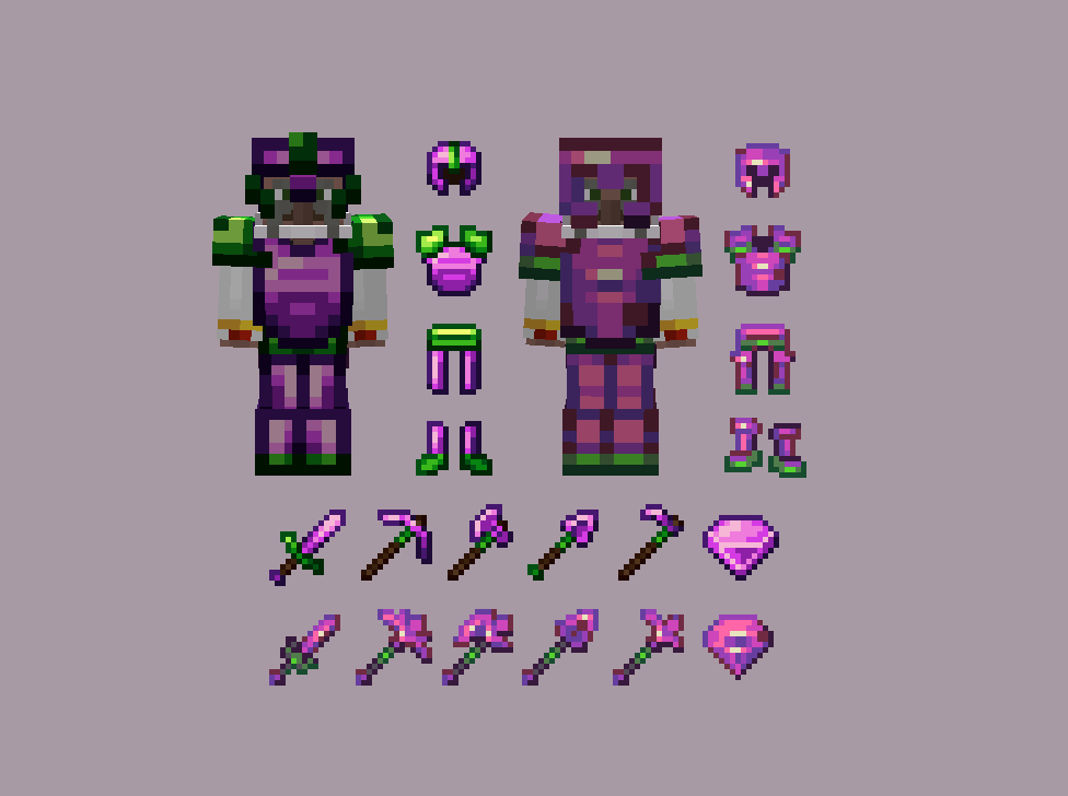 Haven't been doing much pixel art, but was bored so I decided to revamp a few items of one of my older packs Alexandrite 16x which I released about a year ago. If this does well I might consider redoing the whole pack.

#pixelart #Minecraft