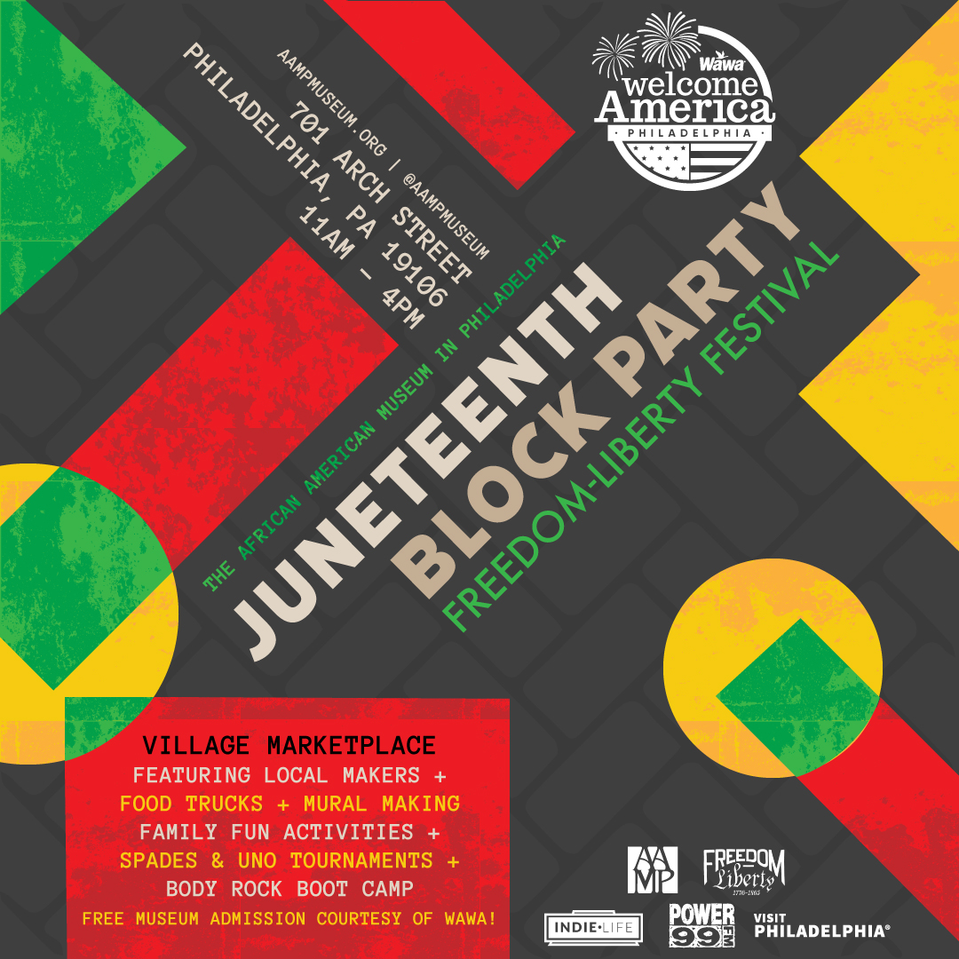 Indielifemedia's tweet photo. Join us for The African American Museum in Philadelphia x Wawa x Welcome America for the Freedom To Liberty Festival Juneteenth Block Party! Live performances: TALIB KWELI + LADY ALMA &amp; VERTICAL CURRENT + BLACK ICE and much more. Hosted by Tiffany Bacon w/ DJ Rocdaspot. https://t.co/5ptuX2Y8qO