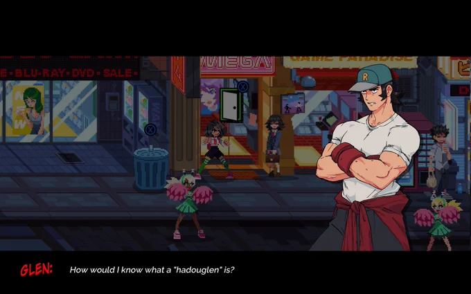 Thinking about beat `em ups and reminded myself that #RiverCityGirls2 from @WayForward will be a thing sooner than later 🤯🤯 I can't wait! 🥰😉

I did fan art of Glen from RCR Underground in the RCG2 style (and as a bday present for good friend, Bannon) 
