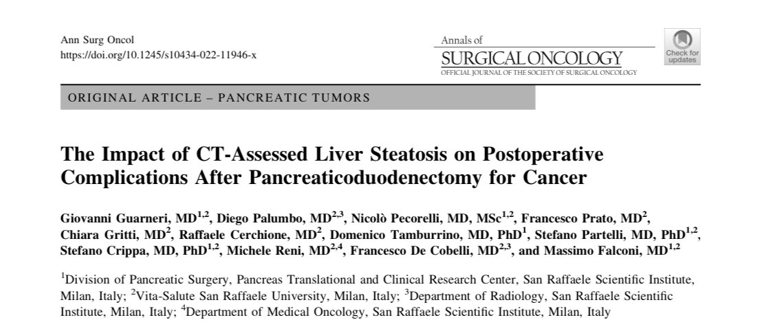 Great job @DiegoPalumbo89 and Gio Guarneri! This is our latest paper focusing on the impact of CT assessed liver steatosis on complications after Whipple. Just published on @AnnSurgOncol. rdcu.be/cPVYC @StefanoCrippa6 @spartelli @FDeCobelli @IHPBA @MyUniSR
